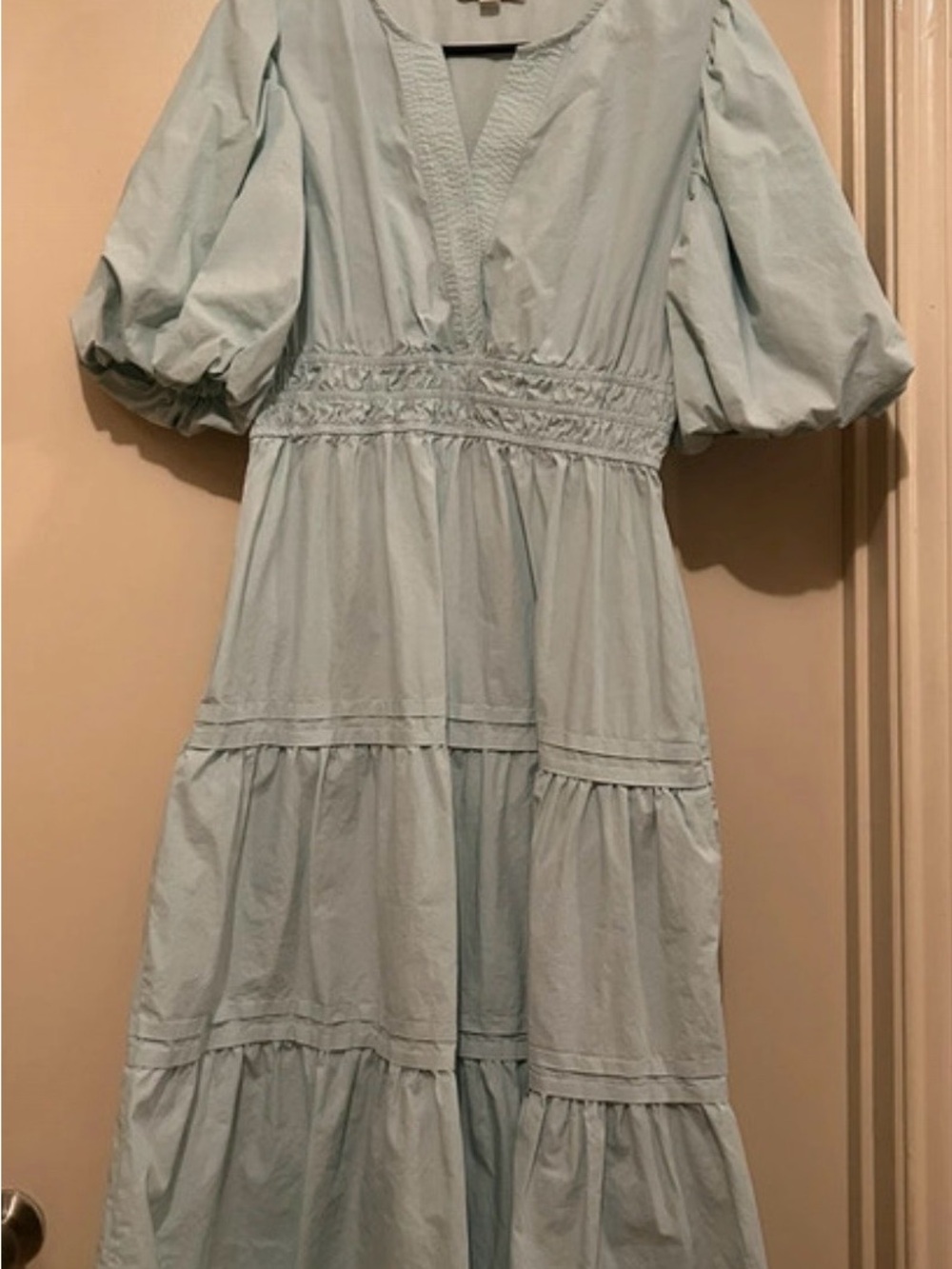 She + Sky Pale Blue Tiered Maxi Dress with Puff Sleeves